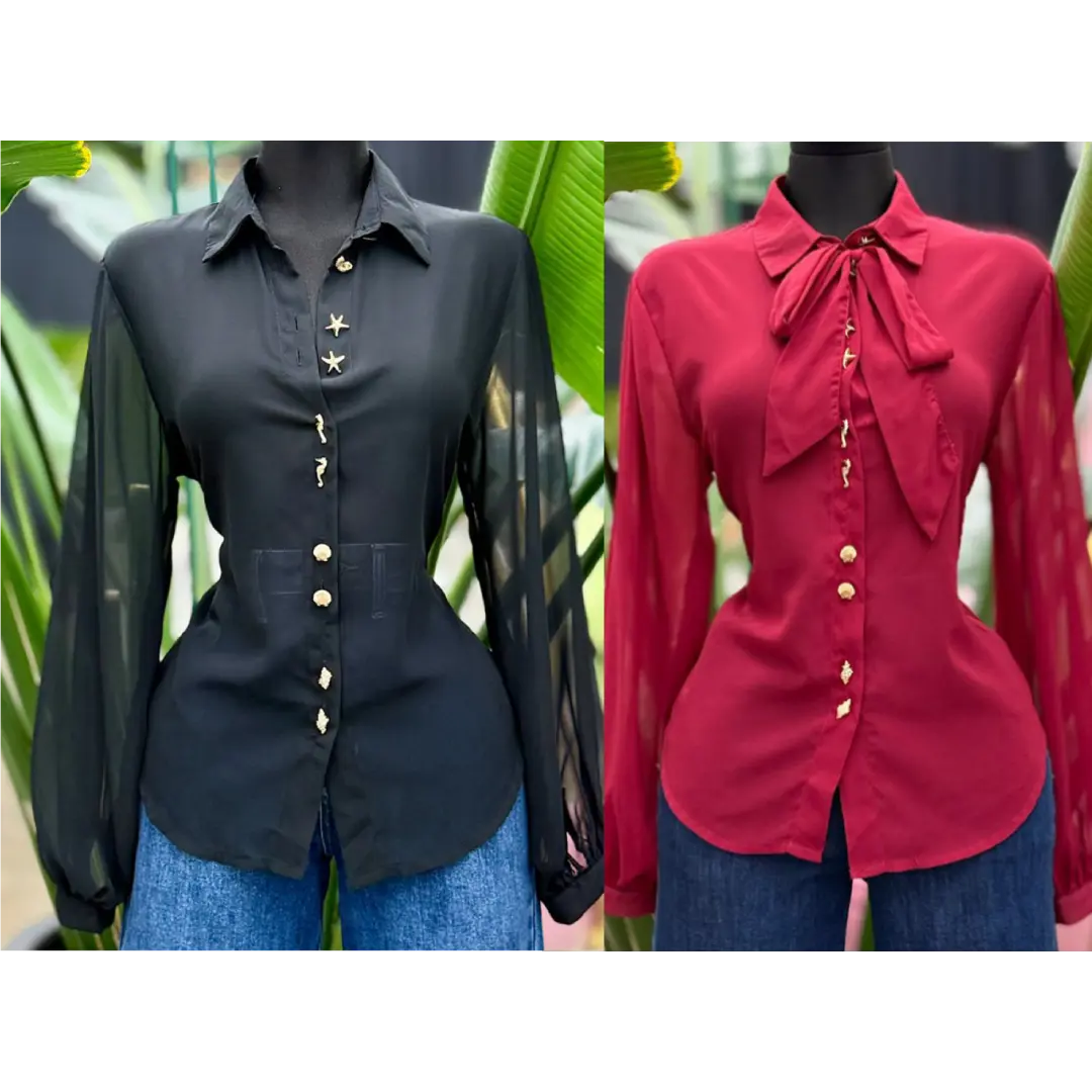 RED BOW TIE NECK BLOUSE - GOLD BUTTONS