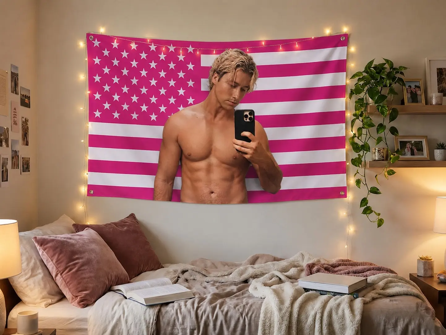 Elle Kennedy Off-Campus Dean Di Laurentis Shirtless Mirror Selfie Photo Tapestry - Quick-Dry Durable Synthetic Lightweight Fabric, Blush Pink American Flag Fictional Hockey Wall Art, Multi-Size 30"x40",50x60in,60x80in, Machine Wash BookTok Dorm Decor
