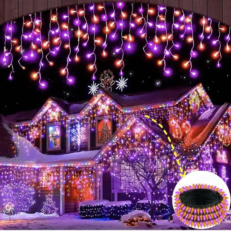 100 LED Halloween String Lights, 33ft Orange & Purple Battery Operated Lights, 8 Modes Waterproof Decorative Lights, Spooky Ornaments for Indoor Outdoor Party Garden Decor