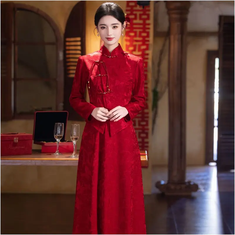 knee length dresses for ladies Women Asian Style Retro Long Sleeves Linen and Cotton Dress Orange main image 1