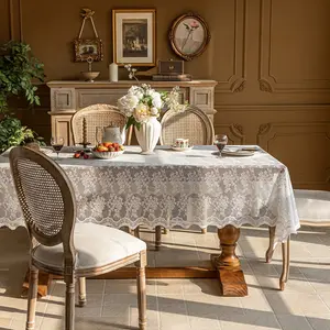 Elegant Lace Tablecloth with Floral Pattern and Wavy Edges, Neutral Rectangular Dining Table Runner, Minimalist Style Decor
