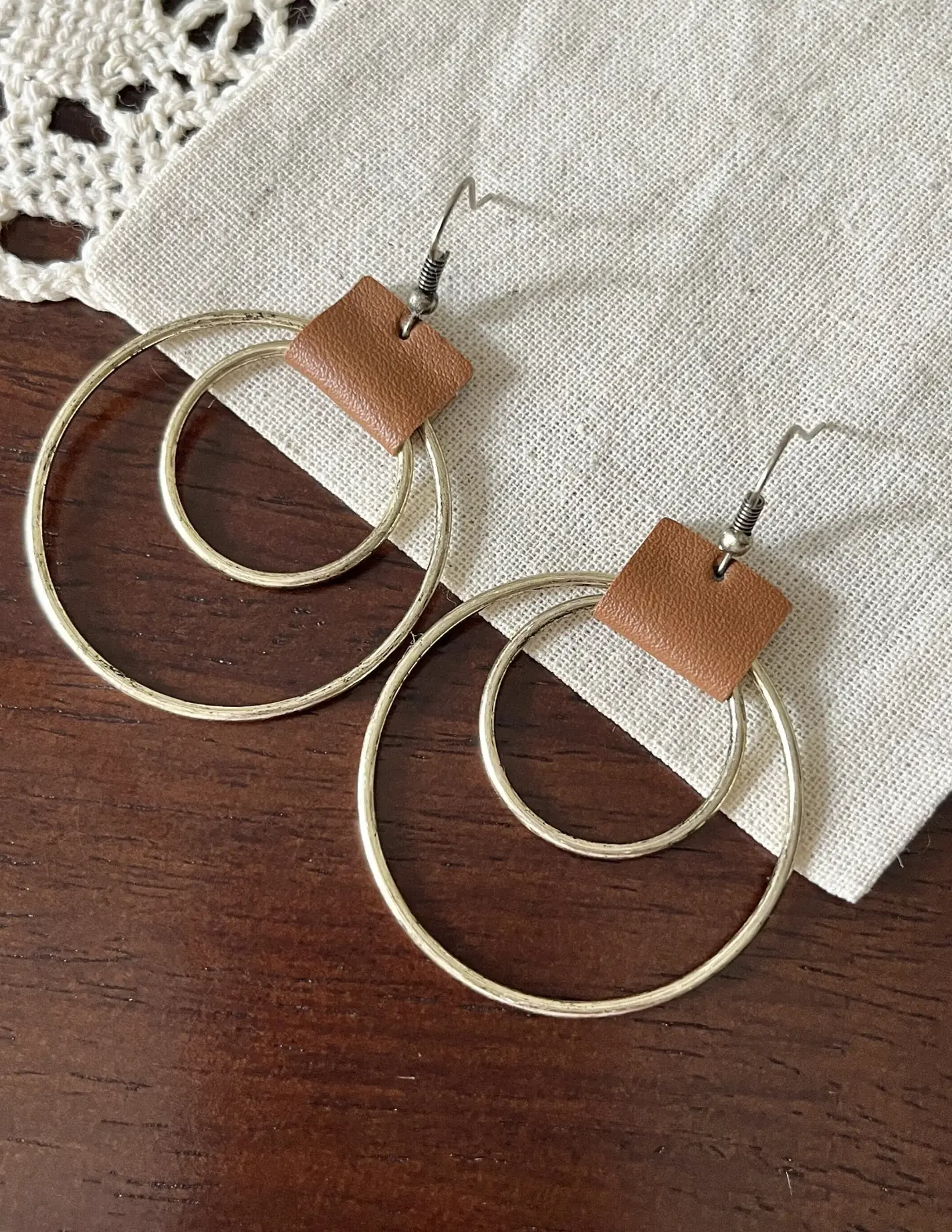 Antique Gold and Leather Hoop Earrings - Hypoallergenic Brown Drop Earrings