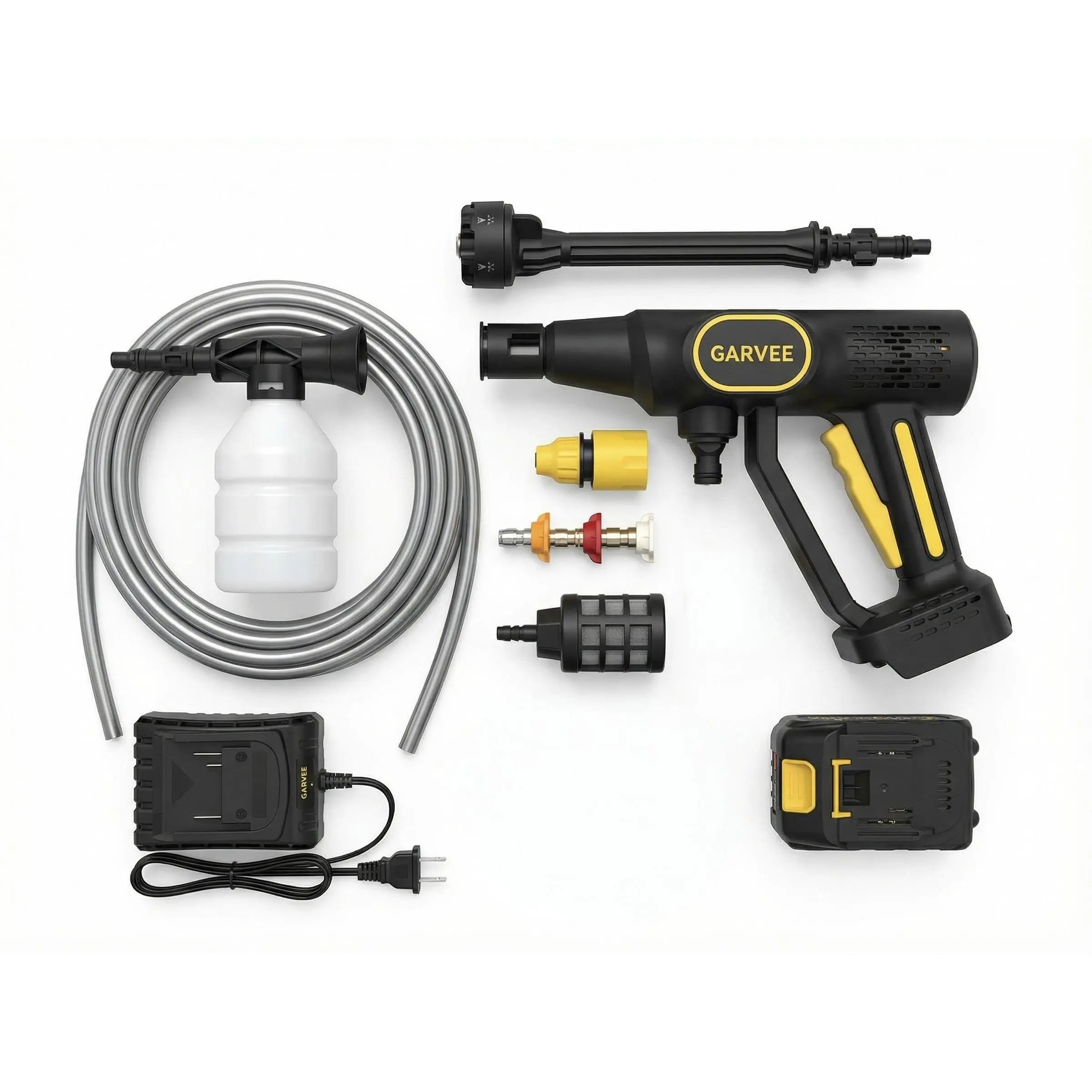 GARVEE Pressure Washer Battery Powered Cordless with 6-in-1 Nozzle 26FT High-Elastic Hose 20 v & Charger Portable for Cars Driveways Patios Outdoor Cleaning