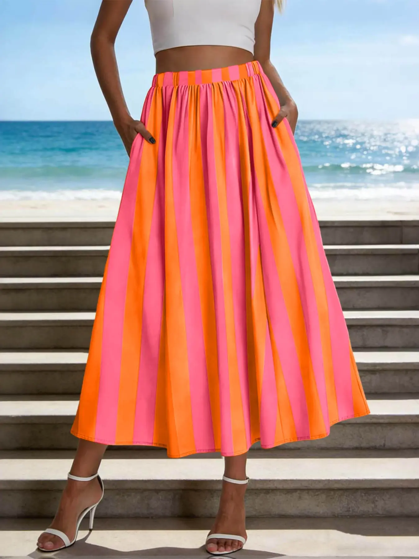 Women's Casual Striped Elastic Waist Midi Boho Beach Loose Skirt, Comfortable and Stylish Design, Perfect for Daily Wear, Everyday, Ideal for All Seasons