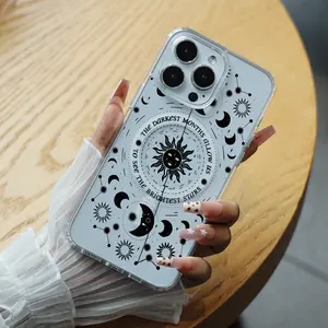 Black Sun, Moon Phases & Inspirational Quote "THE DARKEST MONTHS..." Celestial Design Transparent Magnetic Phone Case for iPhone 11/12/13/14/15/16/16E - Lightweight, Resistant Materials, Good Heat Dissipation