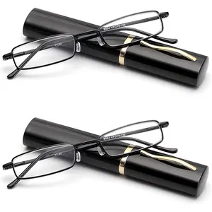 2 pairs Slim Mini Metal Reading Glasses Compact Lightweight Portable Readers with Glasses Case for Reading Case +2.0 (Black) Storage blue light reading glass blue light reader