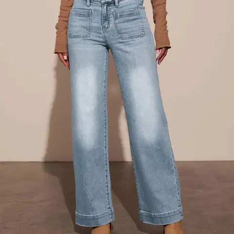 Women's 2026 Washed Denim Cargo Jeans - Trendy, High-Rise Relaxed Straight, Cotton High-Waisted, Fitted Streetwear, Multiple Pockets, Button Detail, Comfortable Casual, All-Season, Machine Washable, Trendy Jeans, High-Rise Relaxed Straight Jeans