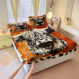 3Pcs Rustic Highland Cow Pattern Fitted Sheet Set, Artistic Black & White Cow Portrait Bedding Set. Soft Bedding for Bedroom Decor. Perfect for Farmhouse Style, Student Dorms & Guest Rooms. All-Season Cozy. Includes 2 Pillowcases, No Pillow Core