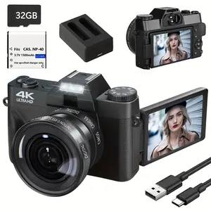 56MP 4K Digital Camera for Photography Vlogging Auto Focus 16X Digital Zoom 3 Inch 180 Degree Flip LCD 52mm Wide Angle Macro Lenses 32GB Memory Card 1500mAh Battery