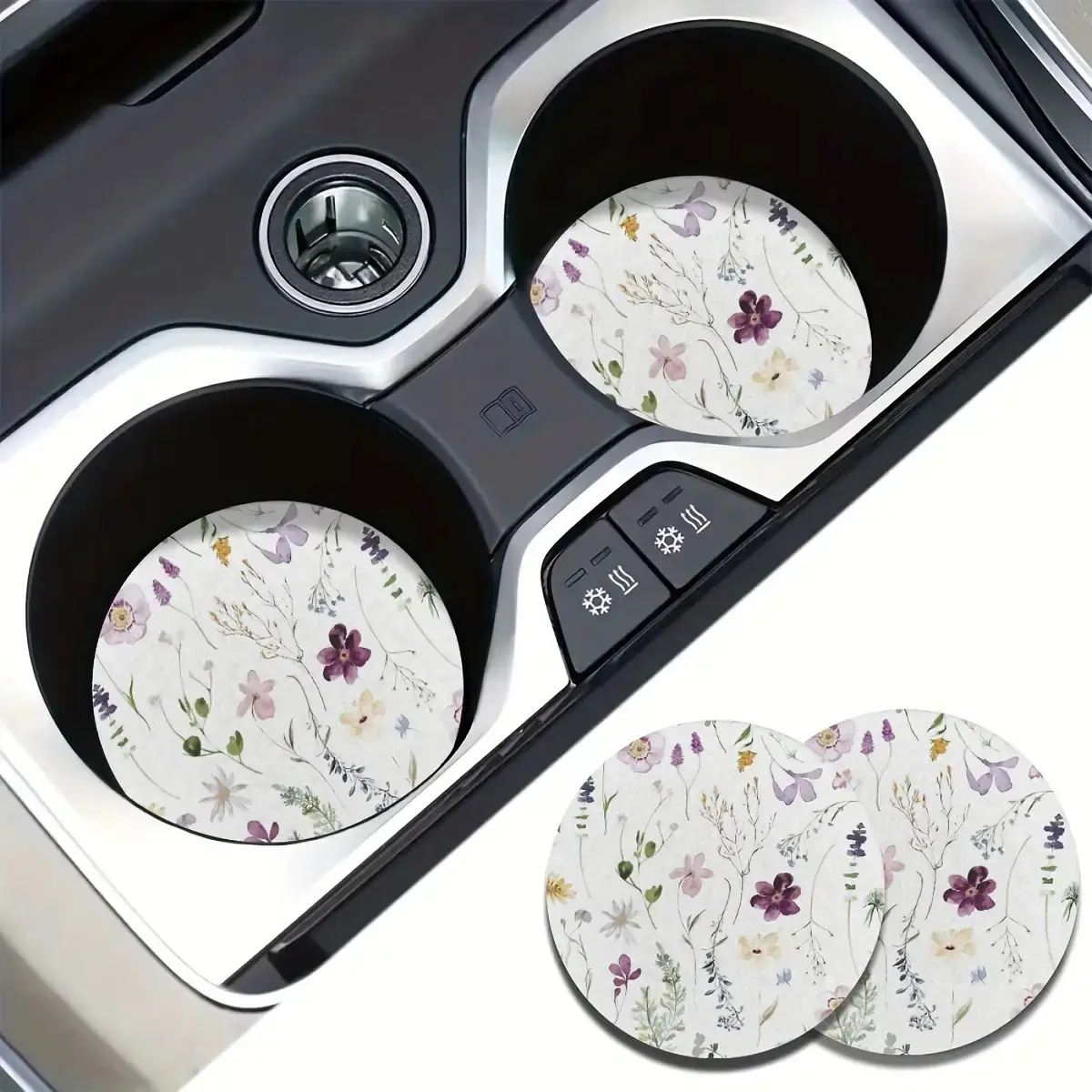 2pc Watercolor Wildflower Car Cup Holder Coasters, Cute Cottagecore Floral Car Coasters, Absorbent Rubber Anti-Slip Auto Cup Mat, Trendy Aesthetic Car Decor Girl Gift
