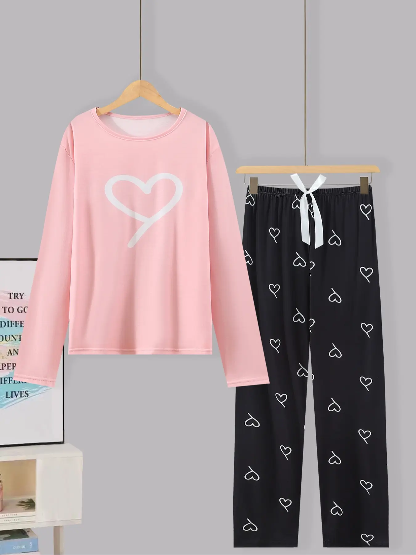 Autumn Winter New Heart Print Women's Pajama Set, Long Sleeve, Round Neck Design, Fitted, Comfortable Breathable Knit Fabric, Casual Fashion Two-Piece Loungewear Sleepwear