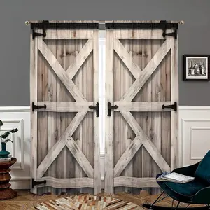 Vintage Wooden Door Pattern Decorative Curtains, HD Digital Print Semi-Transparent Privacy Curtains, Modern Simple Rod Pocket Curtains, 2 Piece Set, Home Decorative Curtain, Window Decorations Supplies