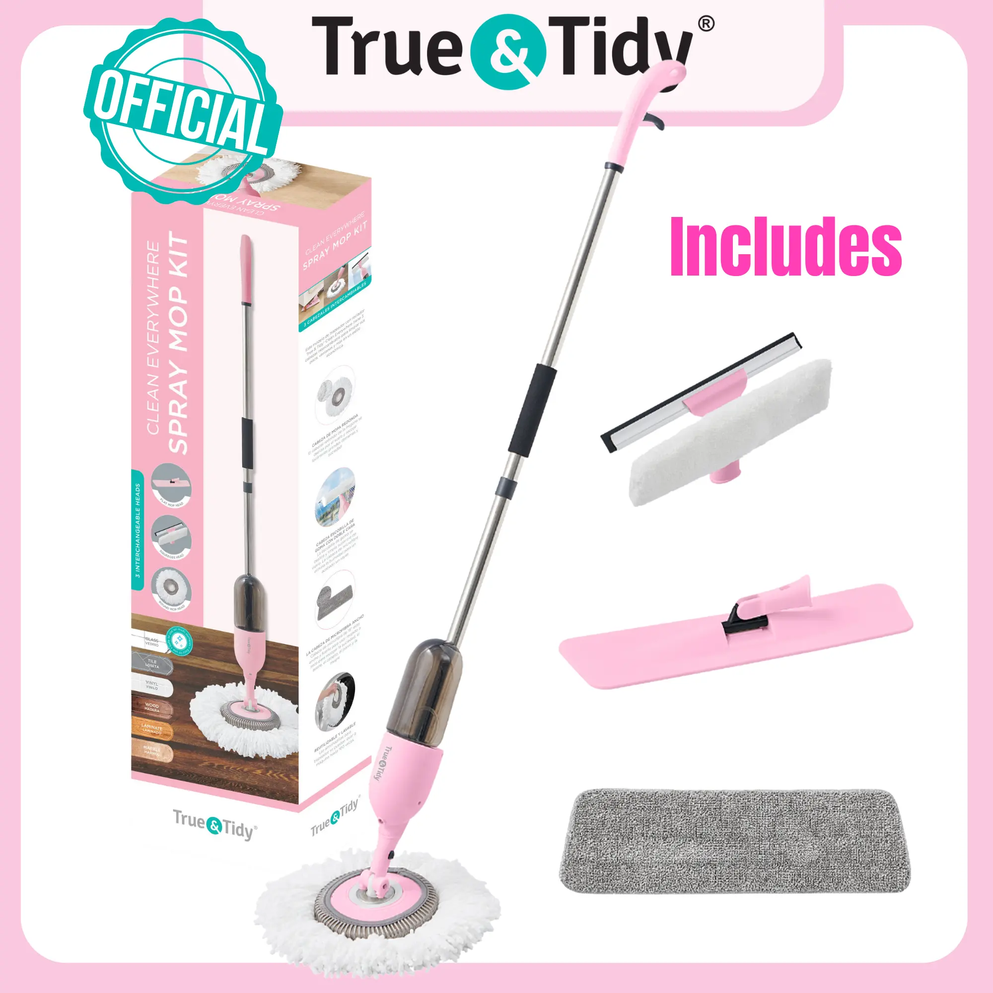 True & Tidy 3-in-1 Spray Mop Kit: Interchangeable heads, microfiber pad, rotatable handle, Wide Spray Area mop