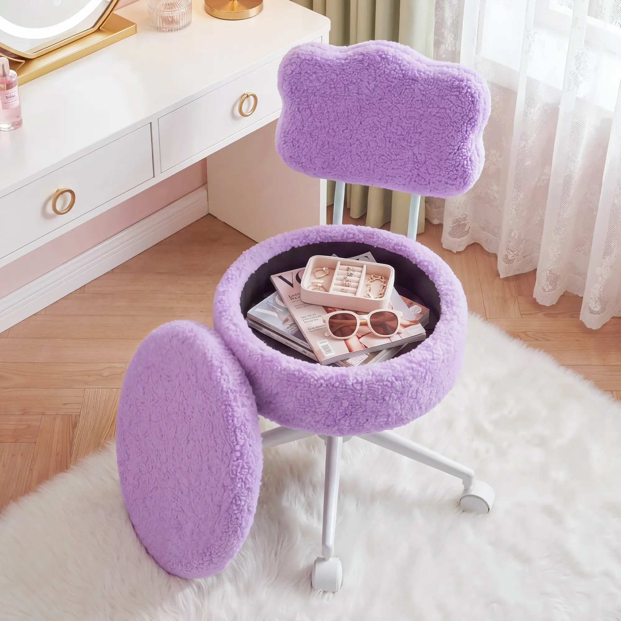 Raybee Vanity Chair with Storage, Lamb Fleece Makeup Chair with Wheels & 360° Swivel, Height Adjustable, 300 lbs, Cute Desk Chair for Bedroom Dorm & Home Office, Purple