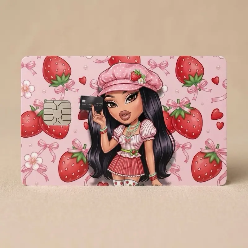 Strawberry Girl Credit Card Skin - Pink Waterproof Vinyl Sticker Aesthetic Card Cover Premium Scratch-Resistant Design for Standard Cards 3.37 in x 2.12in Laminated for Extra Durability