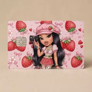 Strawberry Girl Credit Card Skin - Pink Waterproof Vinyl Sticker Aesthetic Card Cover Premium Scratch-Resistant Design for Standard Cards 3.37 in x 2.12in Laminated for Extra Durability