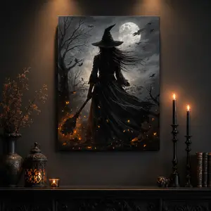 Witch Pattern Framed Canvas Wall Art Print, Halloween Gothic Poster for Living Room Bedroom Study Room, Spooky Room Wall Decor, Apt Decor, Aesthetic Design, Modern Minimalist Design, Framed Paintings, Canvas Prints, Halloween Gift Idea custom