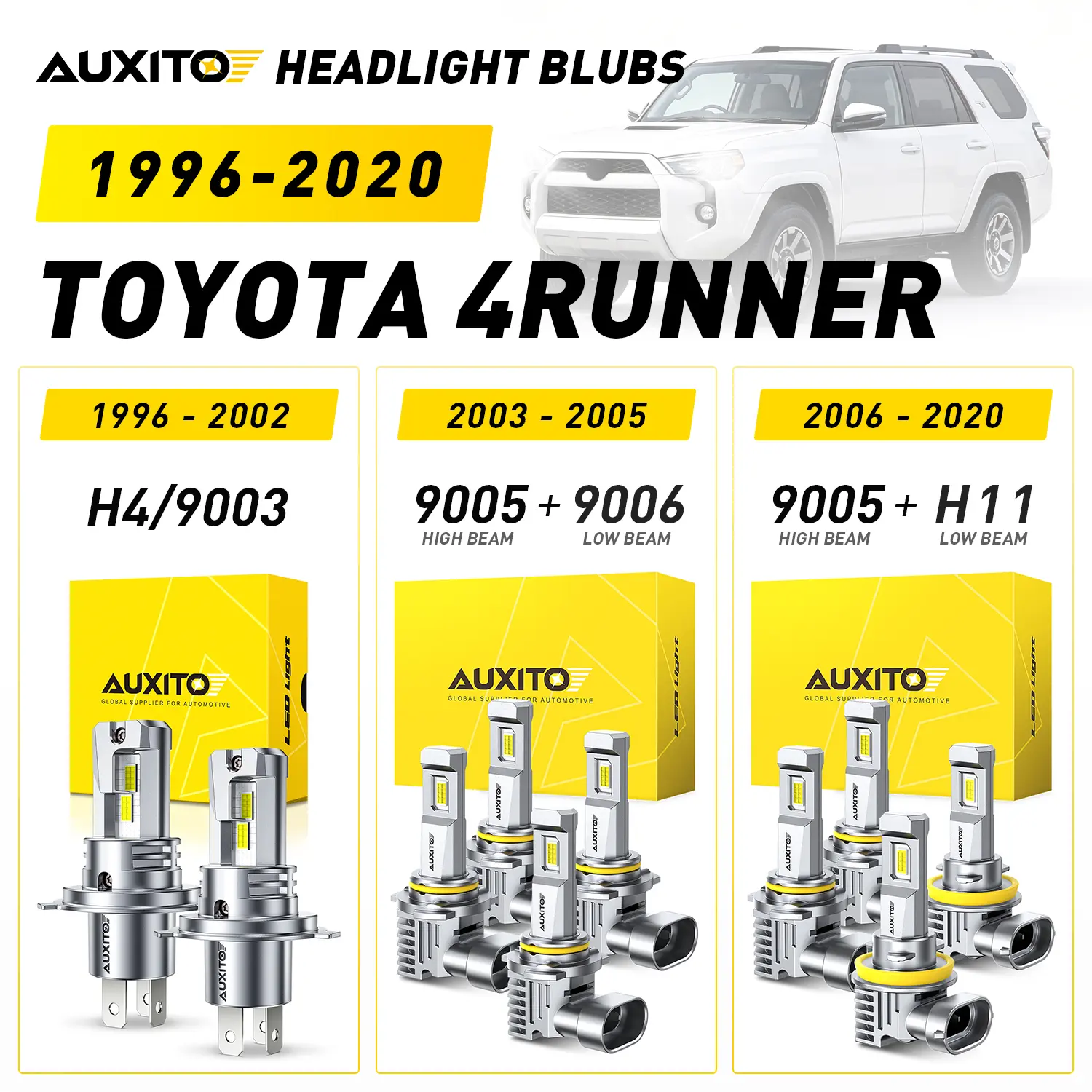 1996-2020 Toyota 4Runner AUXITO LED Headlight Bulbs, H4/9003 (1996-2002),9005 High Beam & 9006 Low Beam (2003-2005), 9005 High Beam & H11 Low Beam (2006-2020), 30000LM 6500K Cool White, Anti-glare,CANBUS Ready,No error,No Flickering, Plug and Play