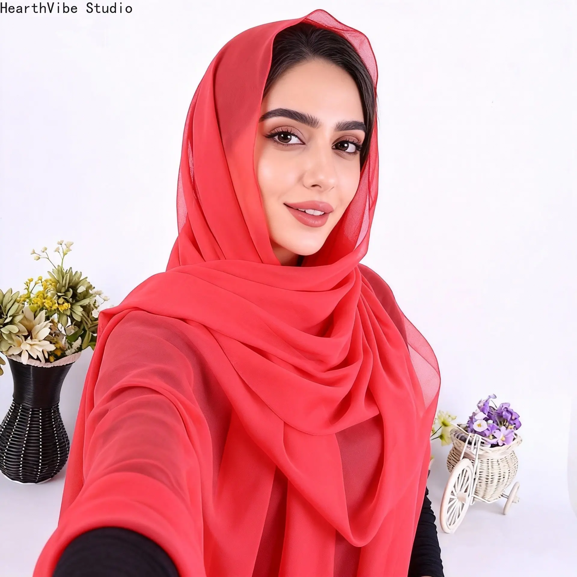 Women's Solid Coral Red Chiffon Hijab, Luxury Lightweight Breathable Shawl for Summer and Everyday Modest Wear, Casual, Luxury Soft, Modest & Chic, One Size, Easy Modest Cover