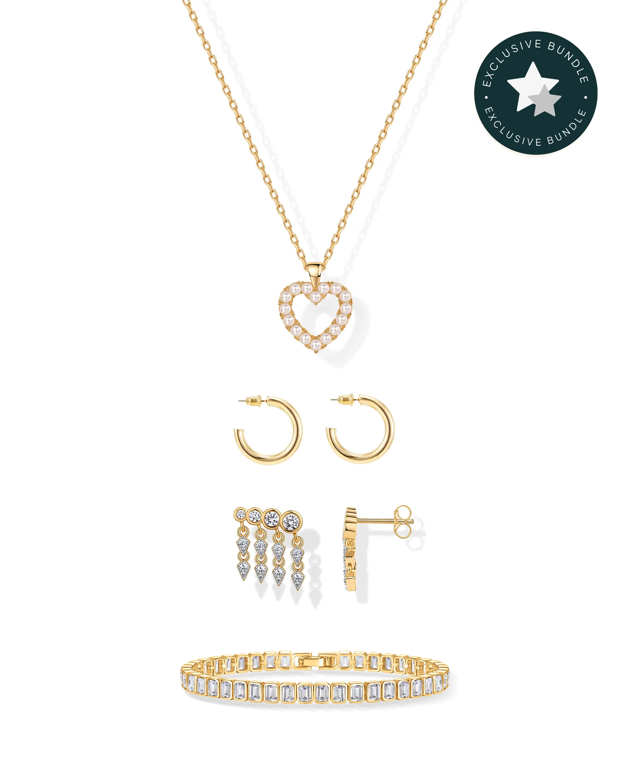 PAVOI 14K Gold Plated Date Night Jewelry Set for Women – Dainty Pearl Heart Necklace, Infinity Hoop Earrings, Radiant Cut Cubic Zirconia Bezel Tennis Bracelet & Gold Drop Dangle Crawler Studs - Gold Jewelry Gift for Women - TikTok Bundle