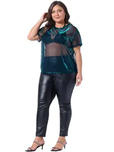 Agnes Orinda Plus Size Drop Shoulder Sheer Mesh Holographic See Through Top