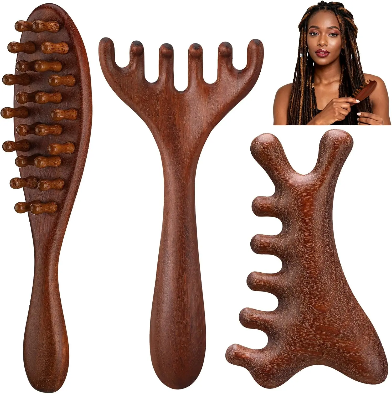 Scalp Massager Comb Set, 3-Piece Natural Sandalwood Brush for Body Care and Anti-Tangle, Compact Scalp Scratcher for Dreadlocks, Beauty Products, Multi-Purpose, Boosts Oil Production, Head Massagers, Manual Massage Tools, Natural Wood, 3 Pcs, Smooth, Scal