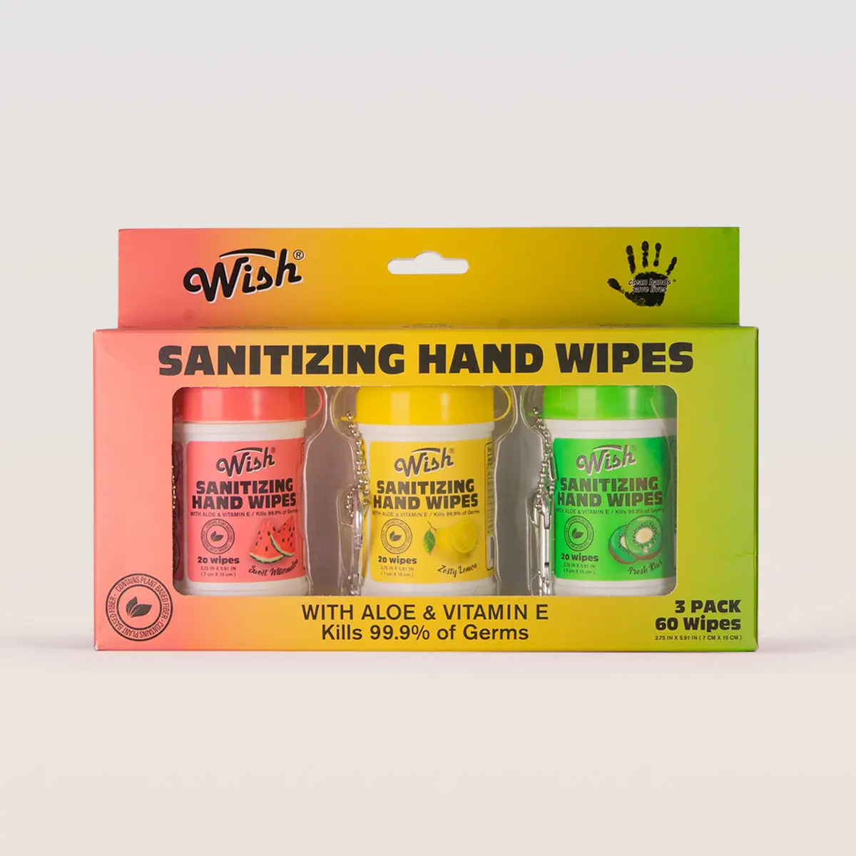 Wish Antibacterial Plant Fiber Sanitizing Hand Wipes, Casual Travel-Size Gift Canister 3-Pack Boxed Set - 3 Fruity Blend Scents (Lemon, Watermelon), Gentle Care, 20ct Each