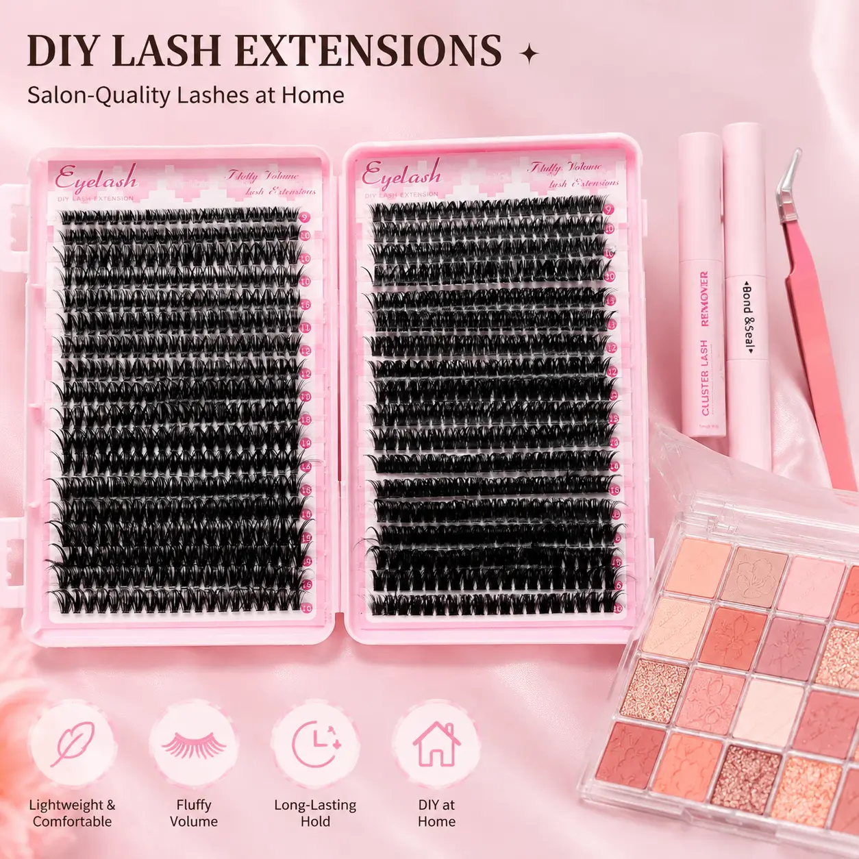 DIY Lash Extensions Kit with Cluster False Eyelashes, Bond & Seal, Fluffy Lightweight Natural-Looking Individual Lashes