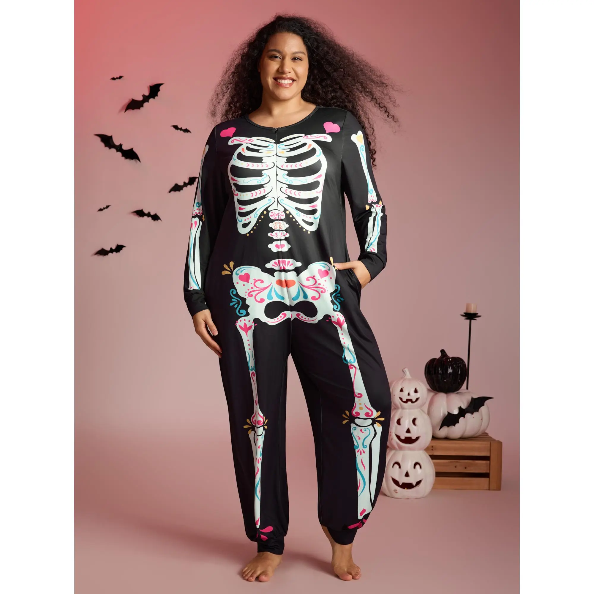 BloomChic Plus Size Jumpsuits for Women, Long Sleeve Halloween Skeletal Graphic Spandex Lounge Overalls with Pockets and Zipper, Women's Clothes, Plus Size Clothes, Simple, Everyday, Fabric, Breathable, Curvy Clothing, Curvy Women Plus Size