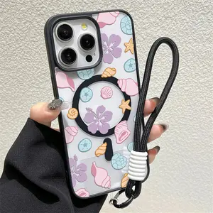 A magnetic phone case featuring a purple floral and seashell pattern, accompanied by a matching lanyard. Compatible with the iPhone 17 Pro Max Air / 16 / 14 / 11 / 12 / 13 / 15 Pro Max series.