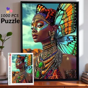 African Butterfly Queen 1000 Piece Jigsaw Puzzle Elegant Black Woman with Vibrant Wings Beaded Jewelry Afro Fantasy Art for Adults Home Decor Gift Idea Eco Friendly Recycled Cardboard Snug Fit Durability Special Milestones Shared Challenge 27.5x20 Inch