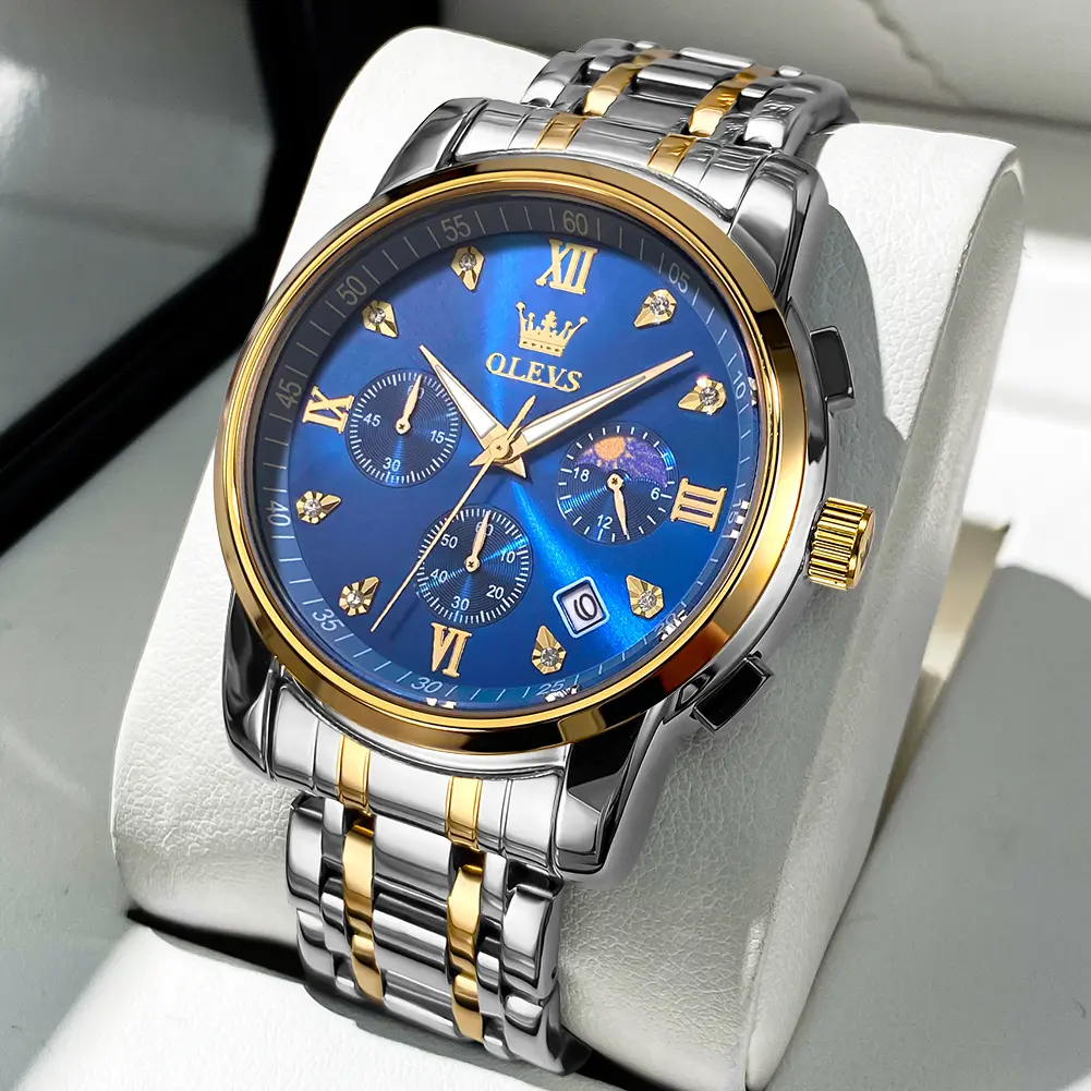 OLEVS Men's Stainless Steel Chronograph Watch, Big Face Gold Silver Black Tone Easy to Read Analog Quartz Watch, Luxury Waterproof Date Diamond Roman Arabic Numerals Dial Dress Watch for Men