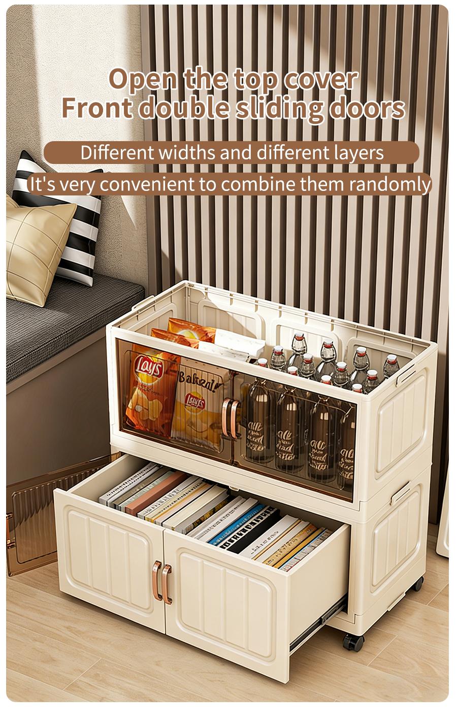 No Assembly Required Foldable Storage Cabinet with Wheels, Large Capacity Double Door Dustproof Closet Organizer for Bedroom, Small Apartment, Rental Home