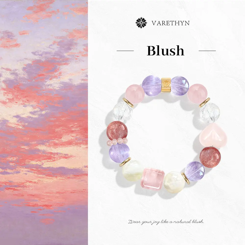 Female Youth Blush Mixed Crystal Energy Bracelet - Chunky Rose Quartz, Strawberry Quartz, 15 Elements, Square Accents, Divine Feminine Pinky Color, Summervibe Wedding Jewelry, Natural Crystals, Multi-Stone, Unique Blend, Everyday Wear, Chunky Mix, Engagem
