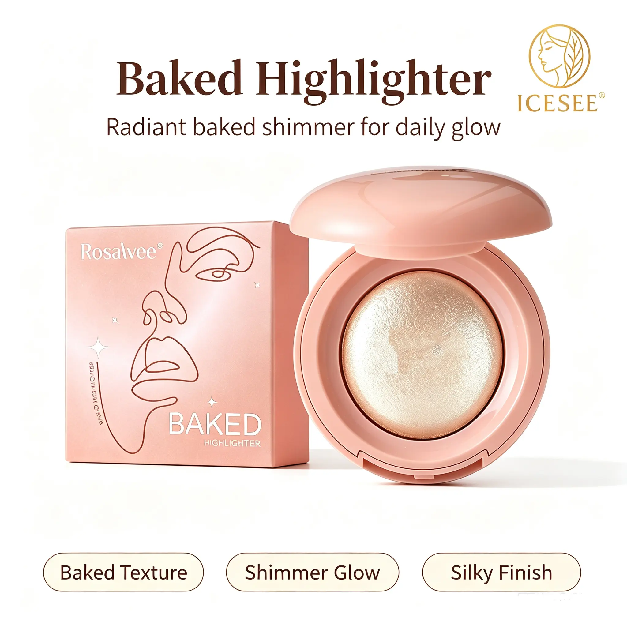 ICESEE Baked Highlighter Powder, Lightweight Face Illuminator with Buildable Radiance and a Silky Shimmer for a Natural Glow, Cosmetic, Radiant