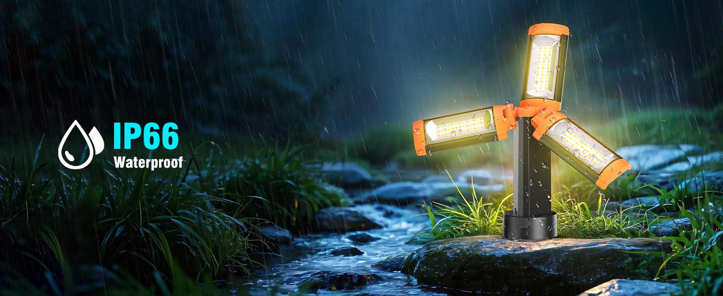 DEEPN 12000mAh Camping Light with Stand, Rechargeable Work Light, 10000 Lumen Dimmable Cordless Work Light with 3 LED Lamp Heads, Magnetic Emergency Flashlight with 79" Detachable Tripod