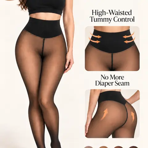 TIVIRA Fleece Lined Tights for Women, One-Seam Butt Lifting Pantyhose, Sheer Look Fake Translucent, Closed Foot, High Waisted Tummy Control Compression Band, Soft Stretch Thermal Leggings, Winter Warm, 5 Shades, Plus Size XS-3XL