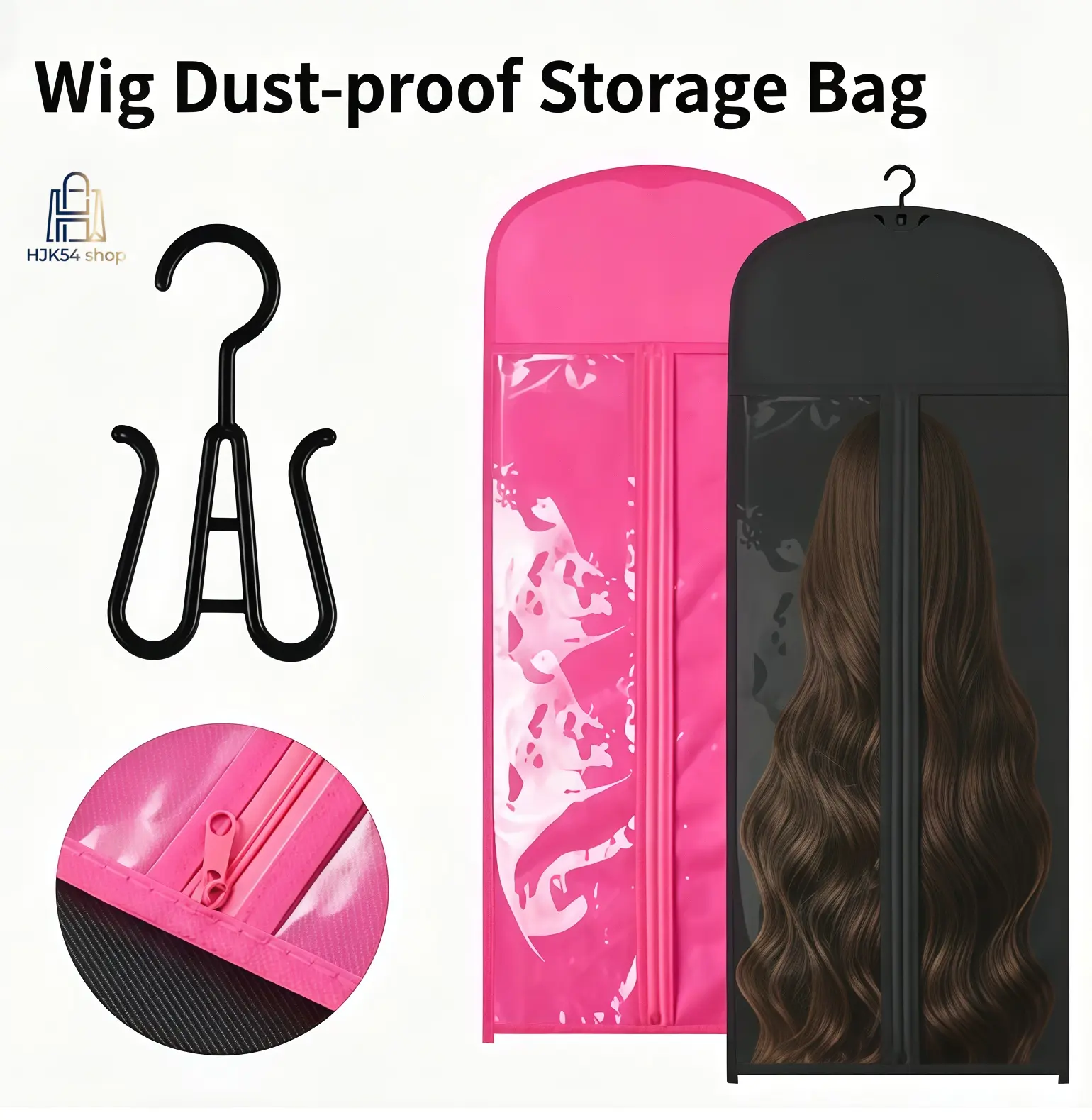 3PCS Hanging Wig Storage Bags, Dust-Proof Transparent Hair Extensions Organizer with Hooks, Moisture-Proof Zippered Wig Holder for Long & Short Wigs