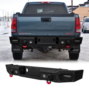 TIOYAR Black Texture Steel Rear Bumper for 2011-2014 GMC Sierra 2500/3500 & Chevy Silverado 2500/3500, with LED Lights, 2 D-Rings, Off-Road Performance