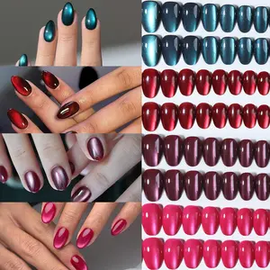 96pcs Almond Shape Glossy Nail Tips Set, Nail Kit Set, Short Oval Cat Eye Design, Medium Length Acrylic False Nails with Storage Box for Women & Girls