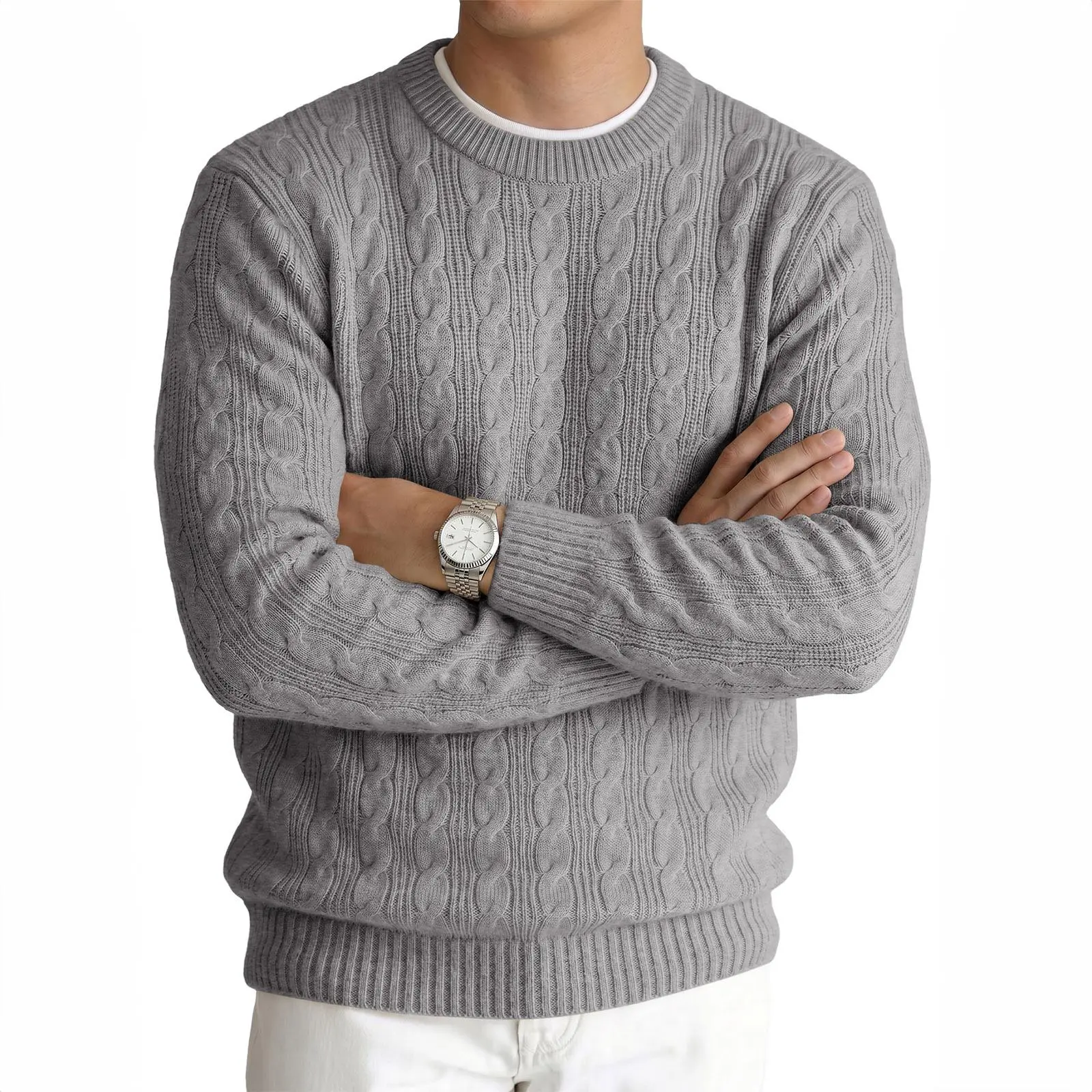 JMIERR Mens Cable Knit Crewneck Sweater Casual Long Sleeve Pullover Tops | Classic Texture, Soft Feel, Machine Washable Easy Care, Polished Office To Weekend Layering, Travel Ready Comfort