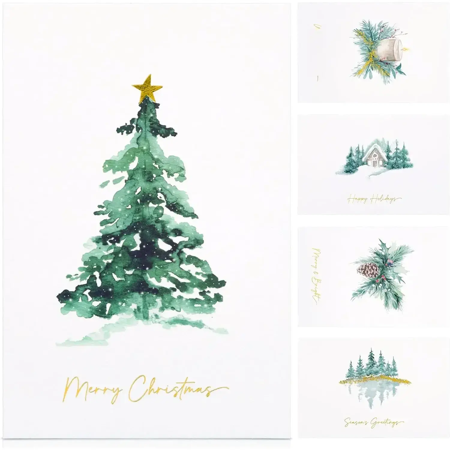 Christmas Cards Set (20 Pack) - 4x6 Size Watercolor Art Office Stationery Cards, Brown Envelopes, Stickers, Storage Box, Blank Inside - Ideal for Sending Holiday Wishes to Friends, Matching Brown Envelopes
