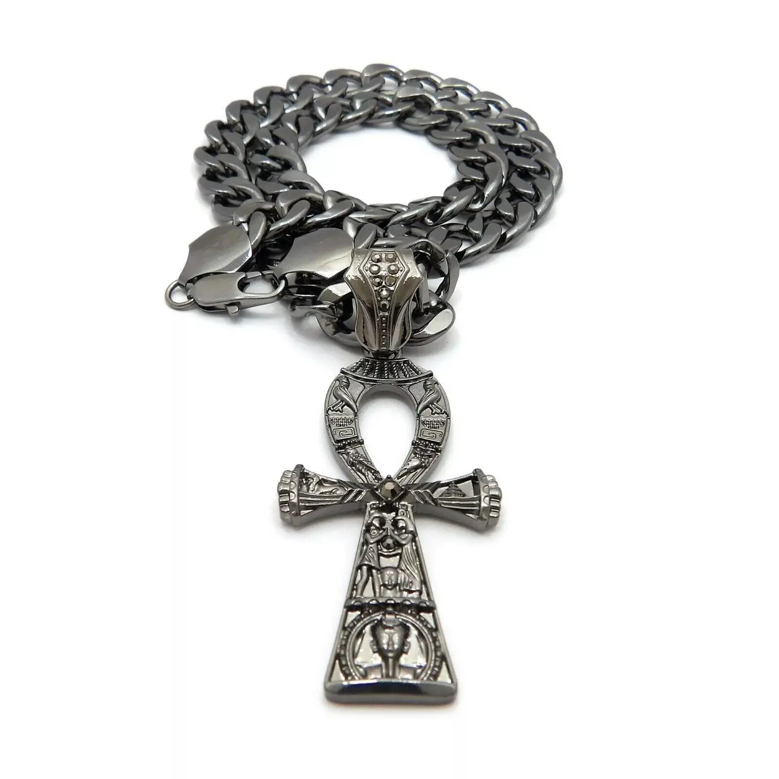 MaxBling81 Hematite-Plated Black Ankh Necklace - Cross Chain Design, Chunky 20-in 11mm Cuban Link, Unisex Hip Hop Edge, Polished Finish, Sleek Shine, Tarnish-Resistant, Celeb Style, Shared Edge, Daily Wear Jewelry