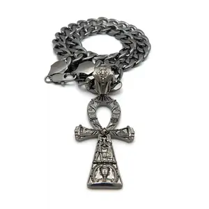Egyptian Ankh Cross Hematite Plated Black Pendant & 11mm 20" Cuban Chain Hip Hop Style Necklace