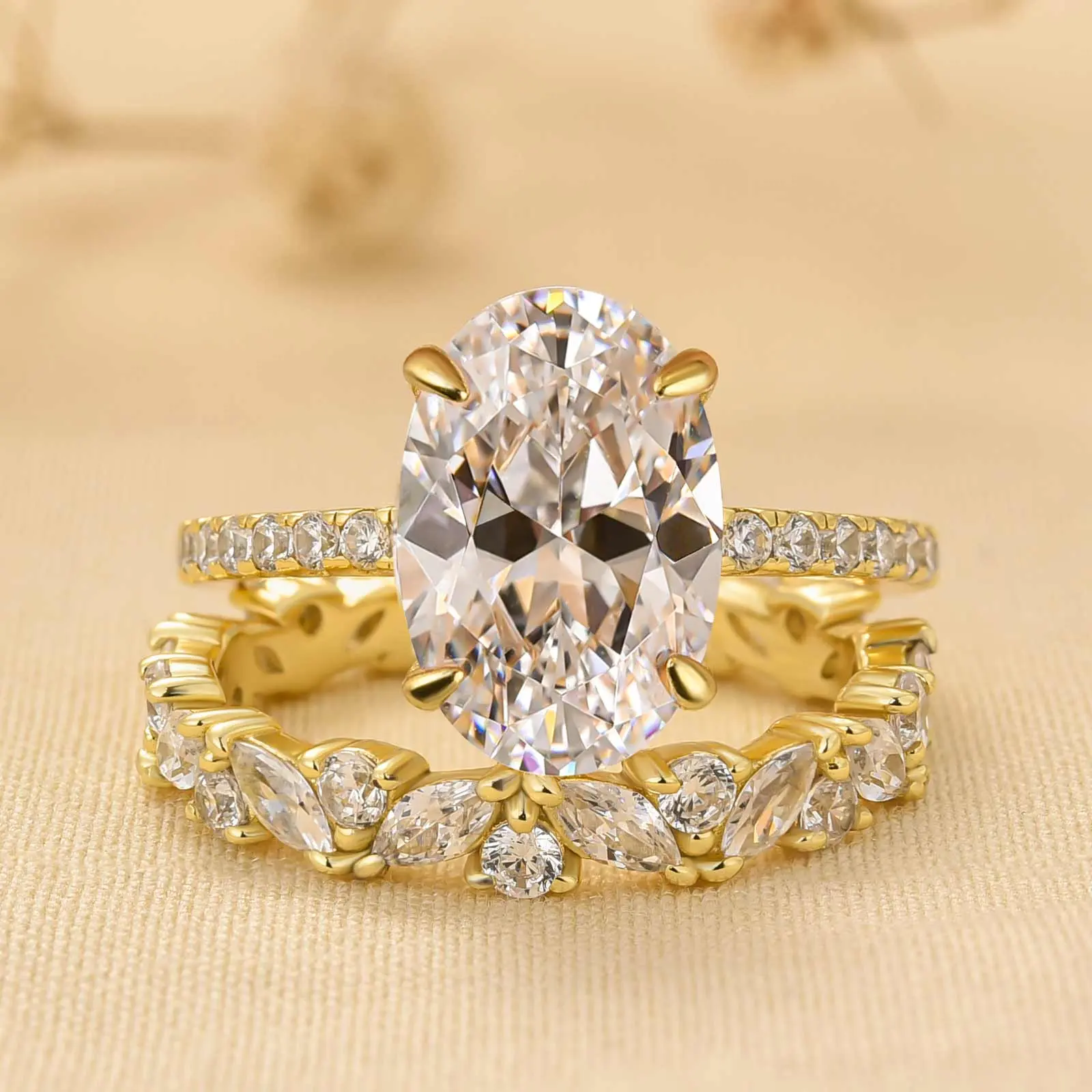 Effinny 3.5ct Oval Cut 5A Cubic Zirconia Golden Bridal Engagement Ring Set, Women's Anniversary Promise Jewelry