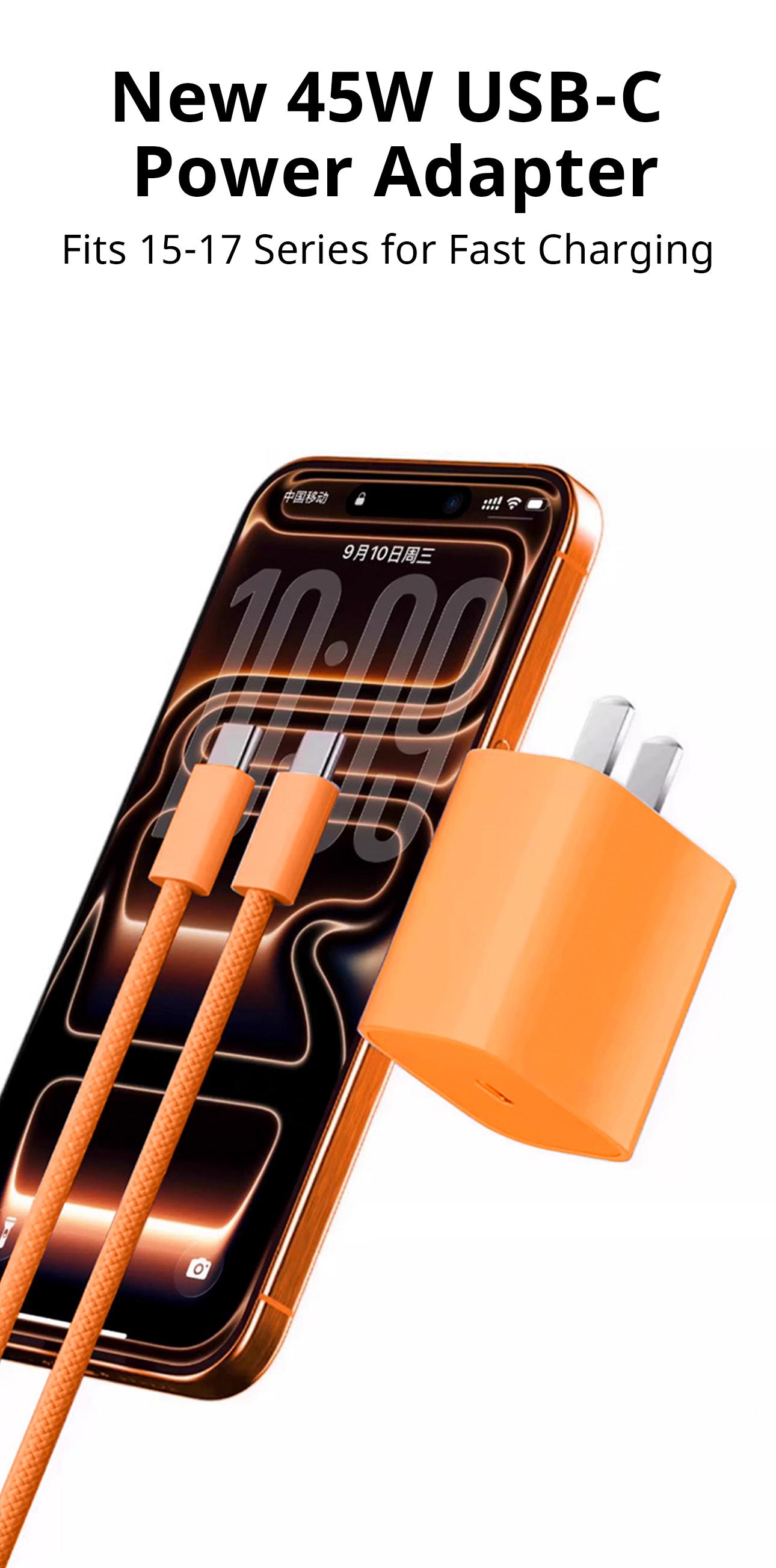 Compatible with iPhone 17 Pro Max: 45W fast charger set; portable charger (orange), set of 2; compatible with iPhone 17 Pro; charging head for iPhone 17; convenient iPhone charger; Type‑C fast charging; 6.6 ft / 3.3 ft; PD fast charging tablet.
