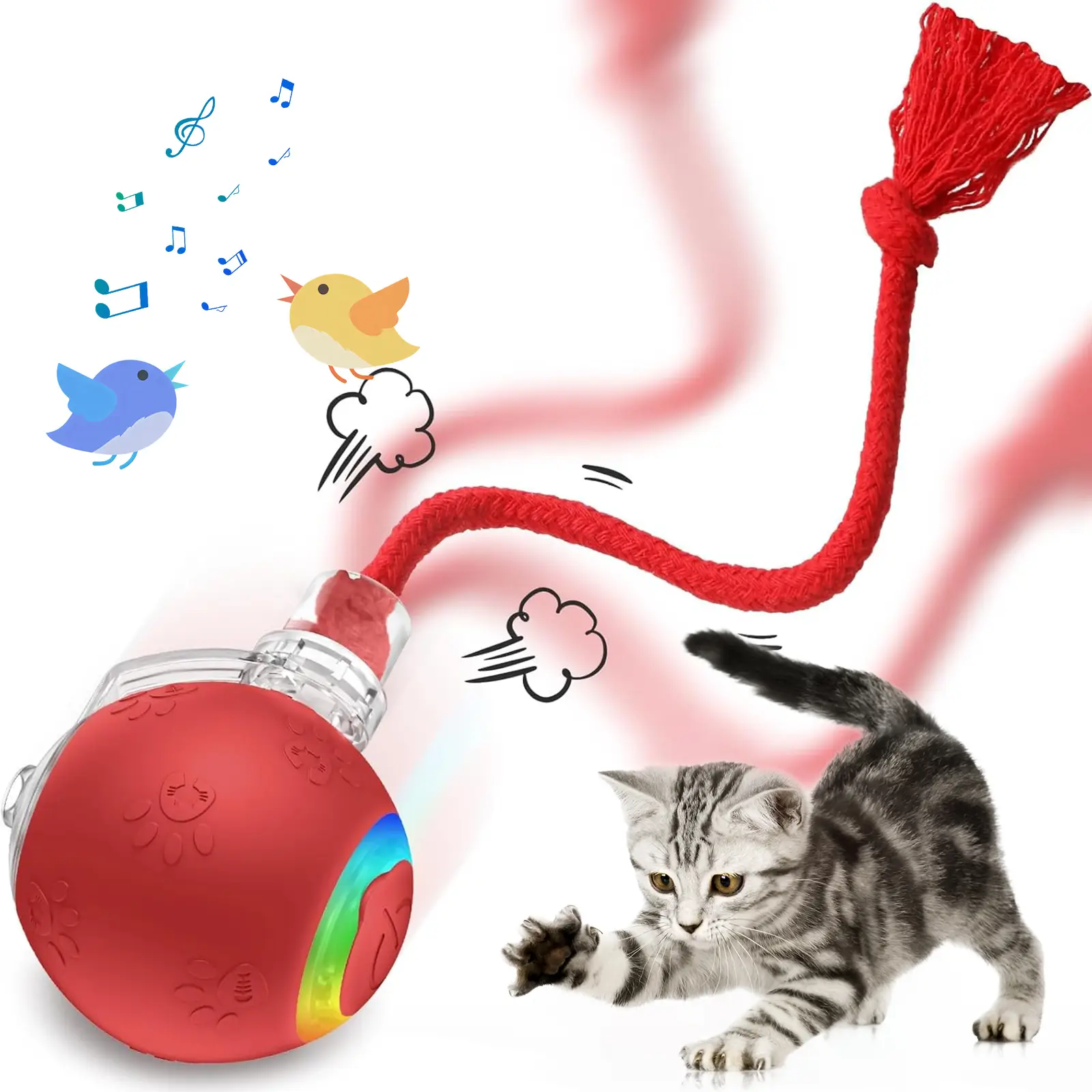 Cat Toys for Indoor Cats,Interactive Cat Toy,USB Rechargeable,Fast Rolling cat Ball Toy On Rug,Bird Chirping & Motion Activated Cat Ball,Anti-Depressi