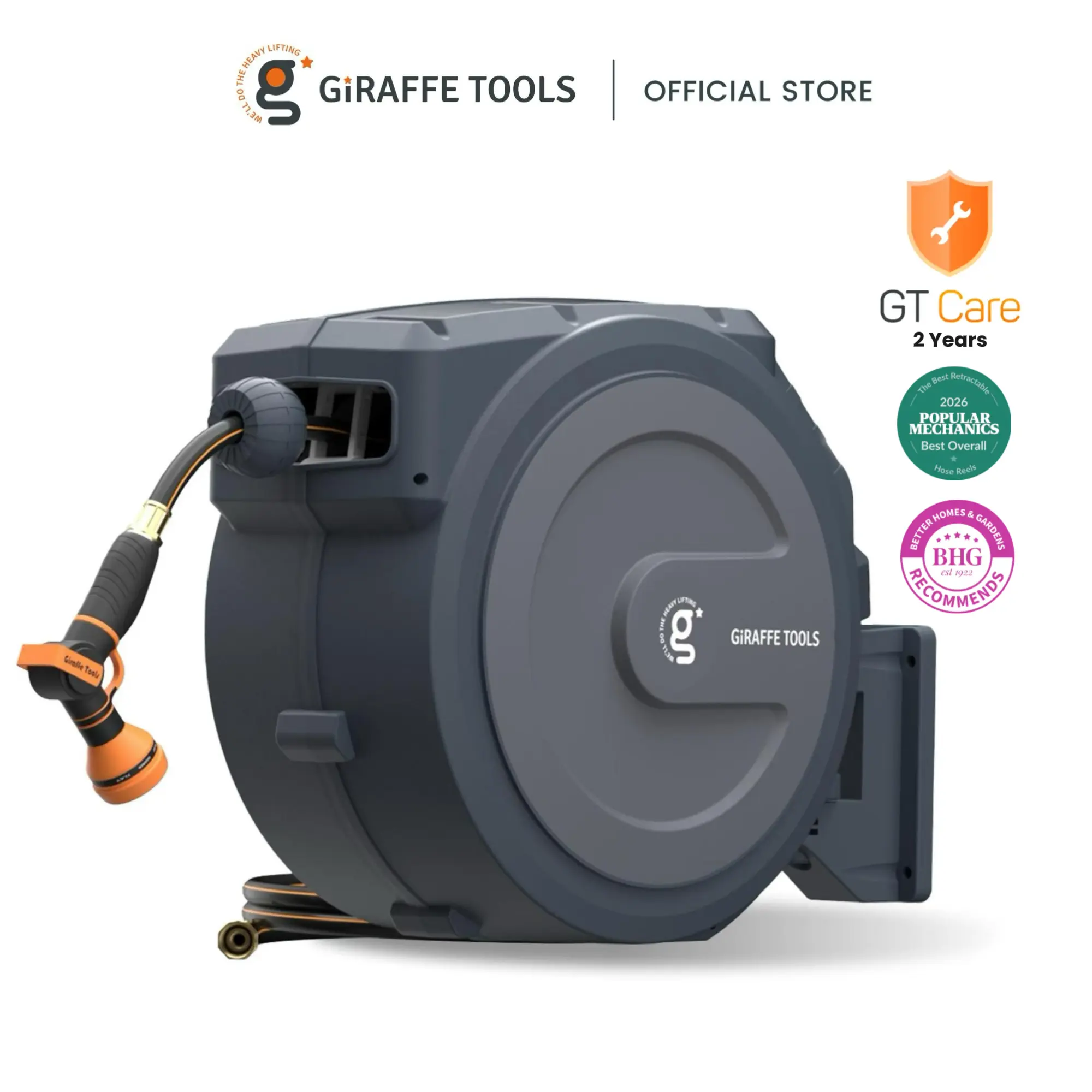 [SummerFinds] Giraffe Tools 5/8in 1/2in 90ft-130ft Tangle-Free Kink-Free Ultra-fast tidy Retractable Hose Reel 300LB Metal Bracket with 180° Rotate Large Cover, Bob vila best overall, locked in any length, 9 Adjust-Nozzle, 2 years warranty, SummerWins