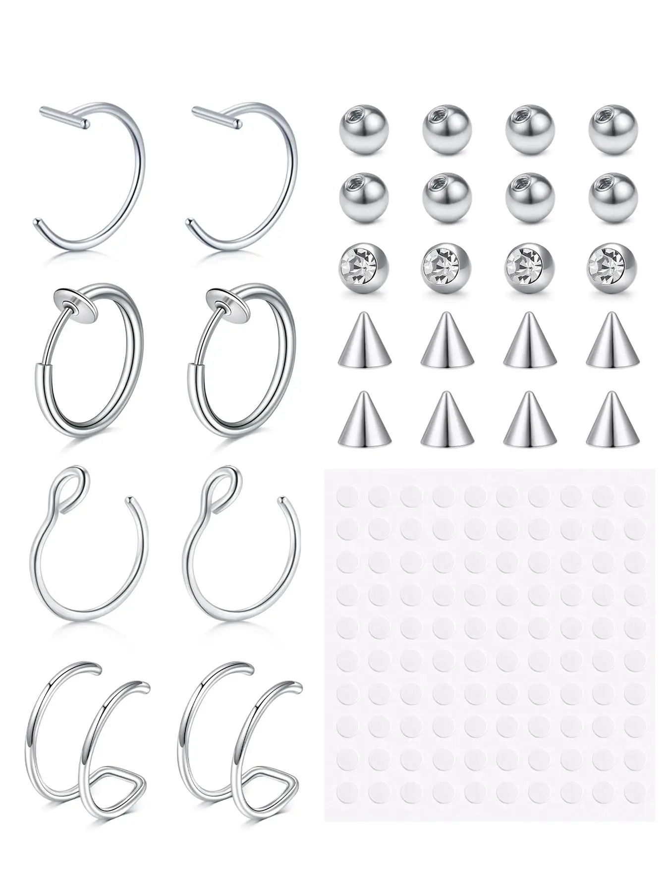 Fake Lip Ring Faux Nose Rings Stainless Steel Non-Piercing, Body Jewellery Replacement Balls Spike with 100pcs Sticker Non-Piercing Body Jewelry Fake Skin Piercing Spiral Nose Ring