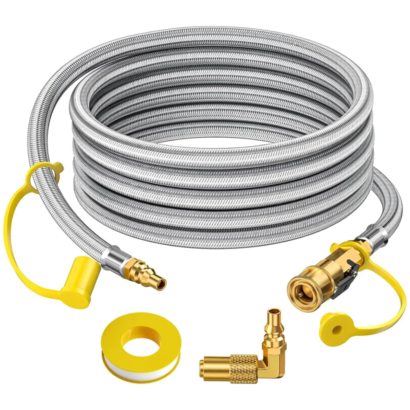 Alloxity 12FT Stainless Steel Braided Propane Hose - 1/4" Male Full Flow Plug, 1/4" Female Quick Connect Fittings, Shutoff Valve, Elbow Adapter for RV, 17" & 22" Blackstone Griddles (Solid Brass, PVC, Yellow), 12 Feet Black